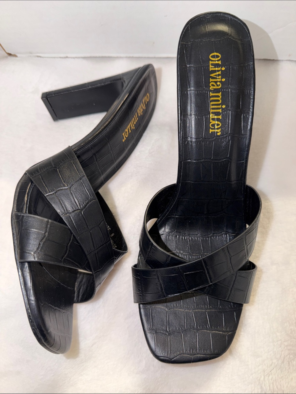 Olivia Miller Women’s Size 9 Black Croc Embossed Cross Strap Heeled Sandals - Picture 7 of 8